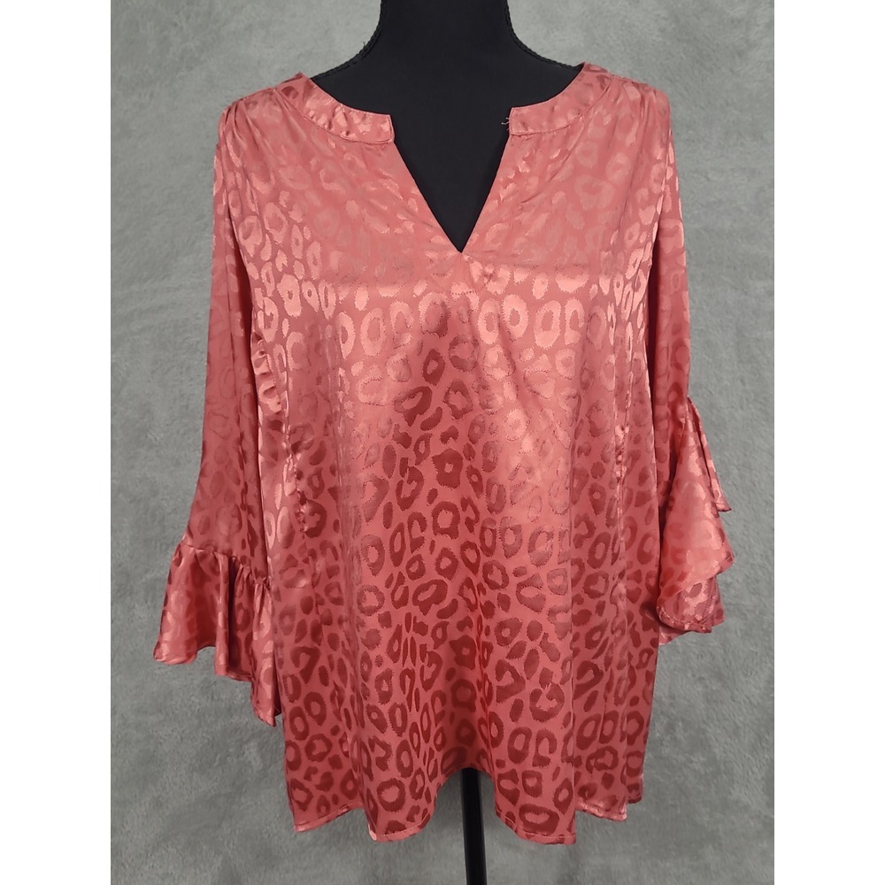 Umgee Animal Print Asymmetrical Blouse Pink Sz M Metallic